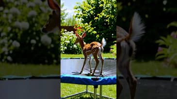 Cute Baby Deer Jumping And Bouncing On A Trampoline