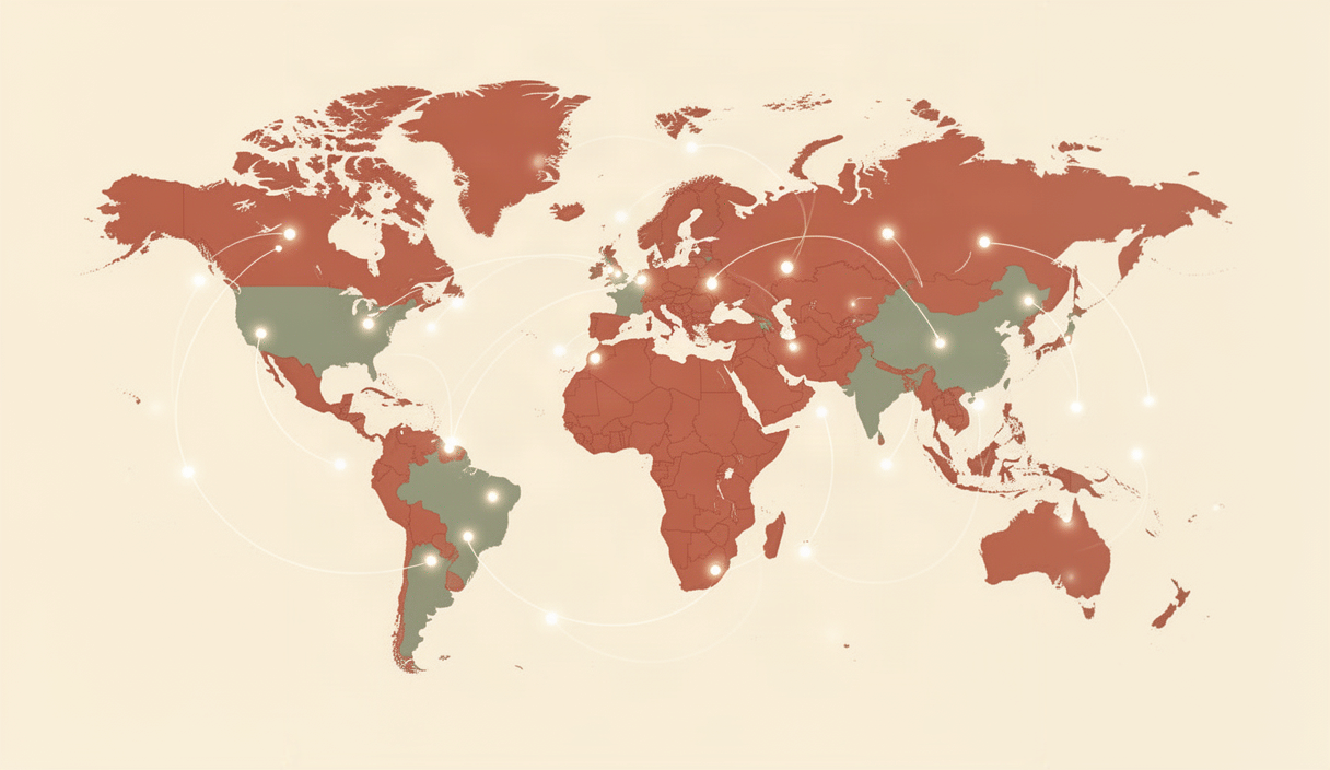 Illustrated world map with connection points showing listeners in more than 15 countries
