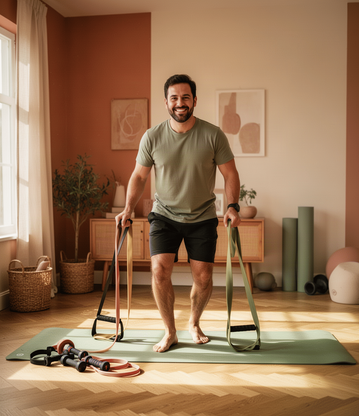 Man exercising with resistance bands on yoga mat