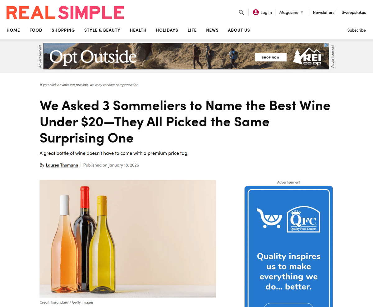 Read Our Thoughts in Real Simple! The Best Wine Under $20 Might Surprise You