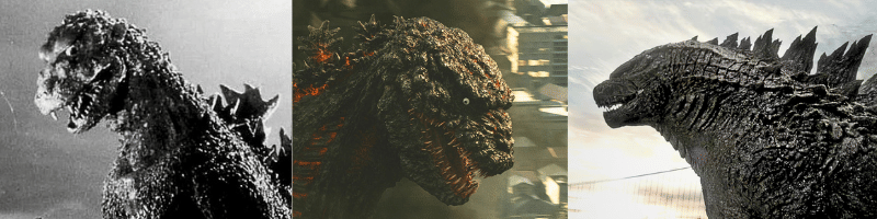 Three Godzilla heads side by side, left to right Gojira (1954), Shin Godzilla (2016), and Legendary’s Godzilla.