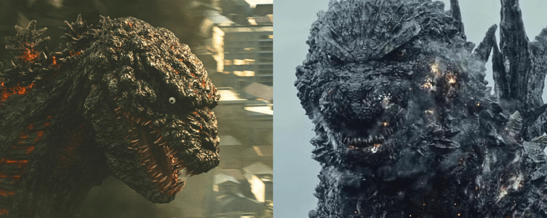 Side-by-side heads of Shin Godzilla on the left, dark with glowing red seams and a small round eye, and Godzilla Minus One on the right, scarred and charred with embers glowing in the hide.