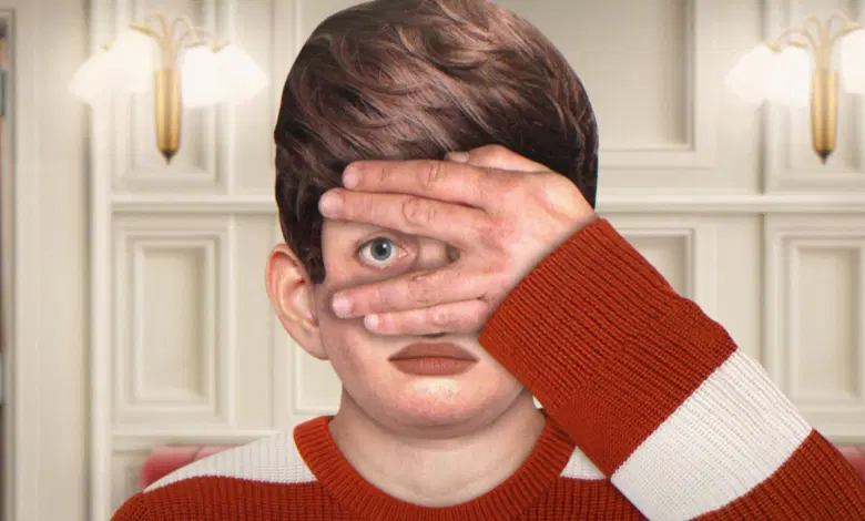 A realistically animated boy in a striped sweater, the titular Blaise, peeks through the fingers of one hand.