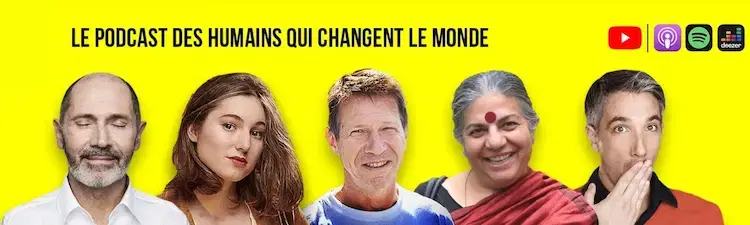 Bannière du podcast Soif de Sens avec les invités Christophe André, Jean-Marc Jancovici, Camille Étienne, Vandana Shiva et Guillaume Meurice