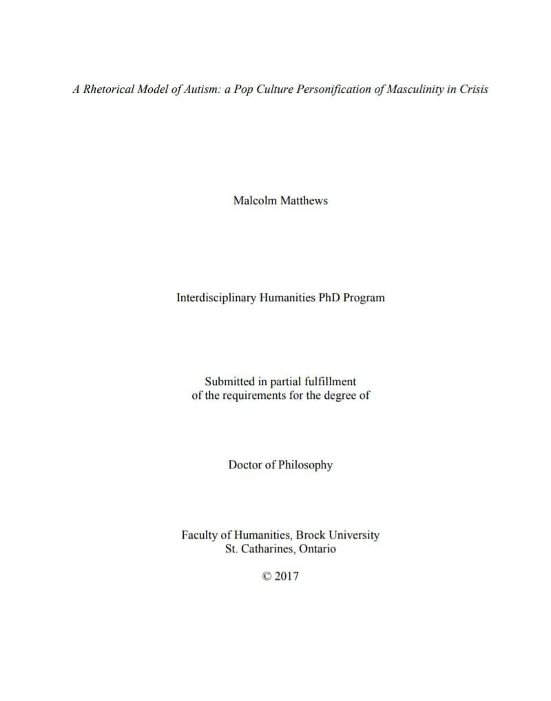 A Rhetorical Model of Autism: a Pop Culture Personification of Masculinity in Crisis - Malcolm Matthews