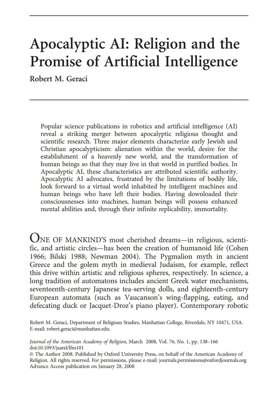 Apocalyptic AI: Religion and the Promise of Artificial Intelligence - Robert M. Geraci