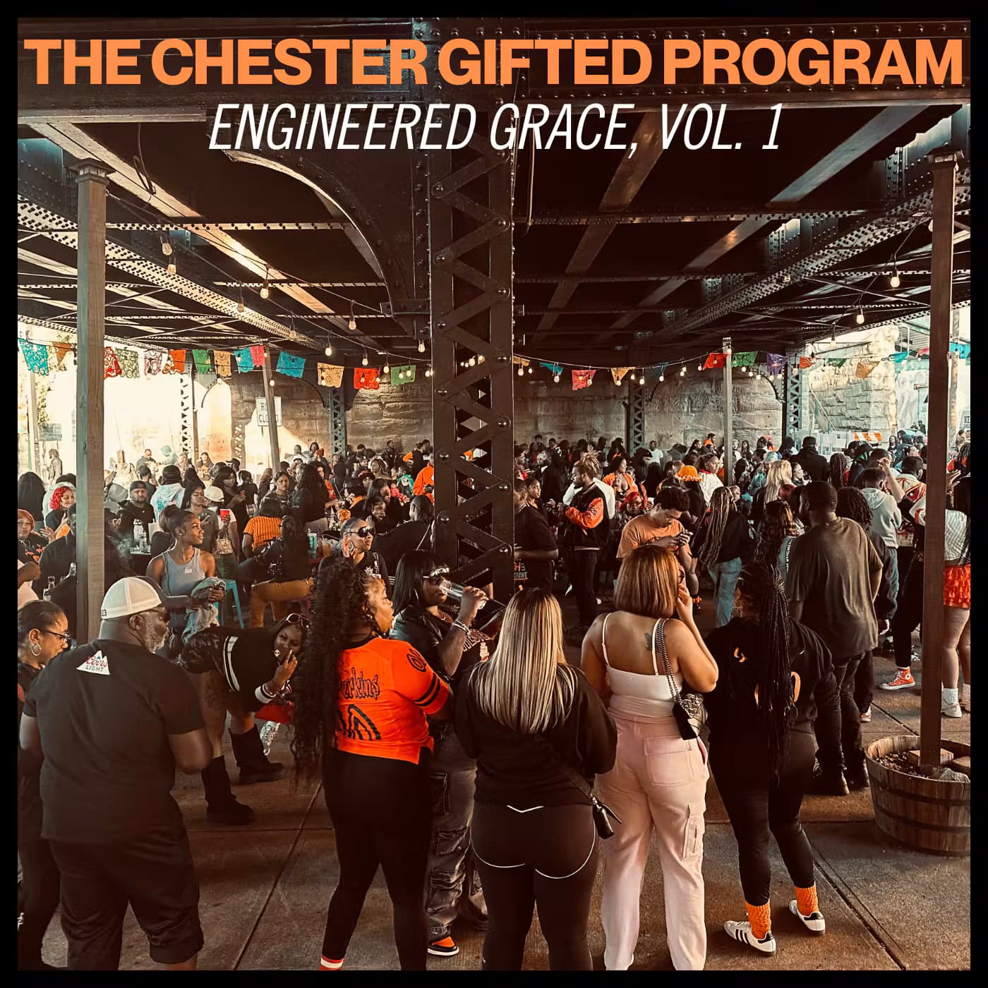 The Chester Gifted Program, Engineered Grace, Vol. 1: A large group of people gather for an outdoor event under a bridge decorated with colorful banners.