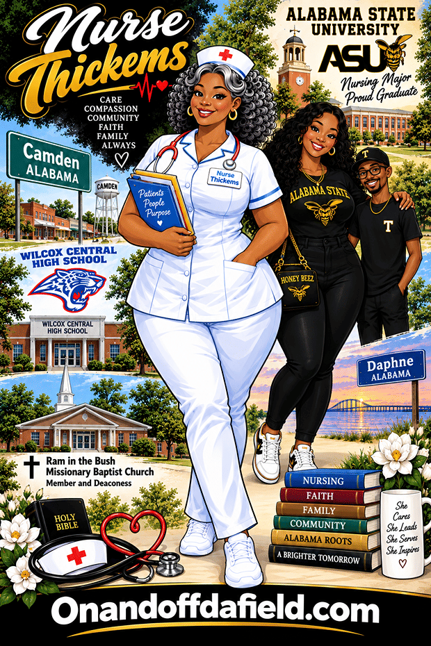 We recently found out our very own Nurse Thickems is from Camden, Alabama and now resides in Daphne, Alabama with her husband Tyrone. She has one daughter named Tyronicka and loves to be a nurse. She is also a former Alabama State Honey Bee dancer. She is also a member and deaconess at Ram in the Bush Missionary Baptist Church. Join us in giving a shout out to our very own Nurse Thickems!