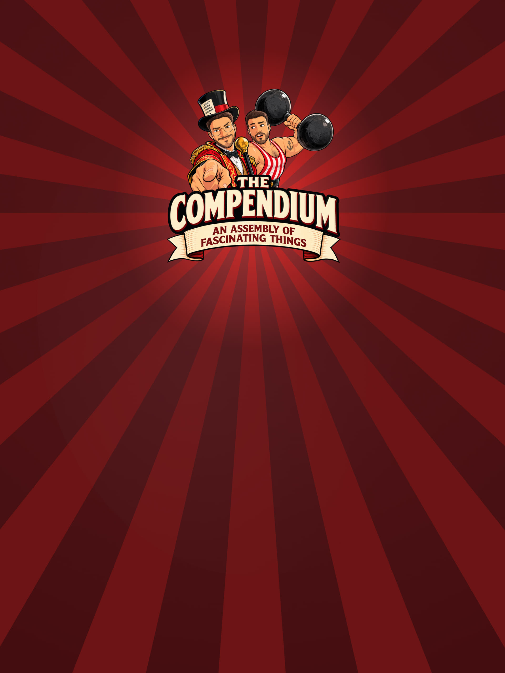 Kyle and Adam beneath The Compendium wordmark against a red circus sunburst