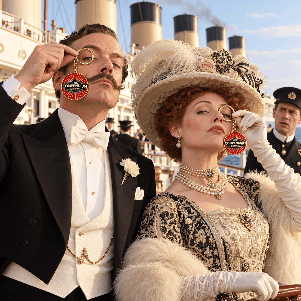 An elegantly dressed historical couple displaying Compendium Crotch Dangler keychains