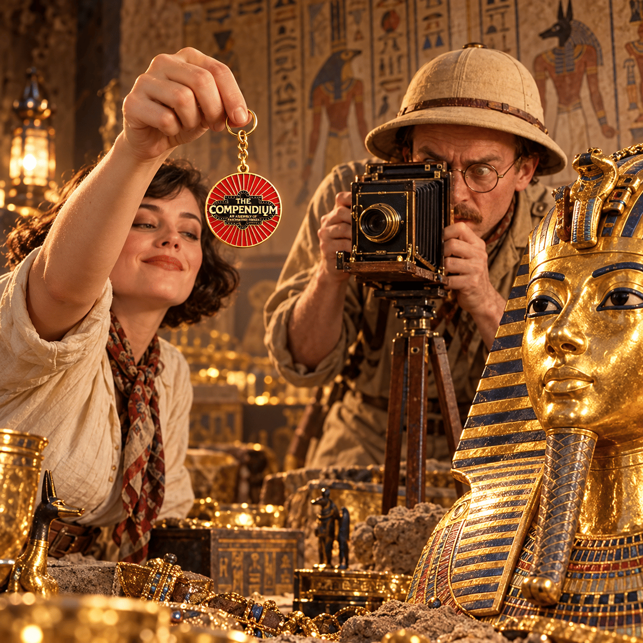 Archaeologists photographing a Compendium Crotch Dangler keychain beside Egyptian treasures