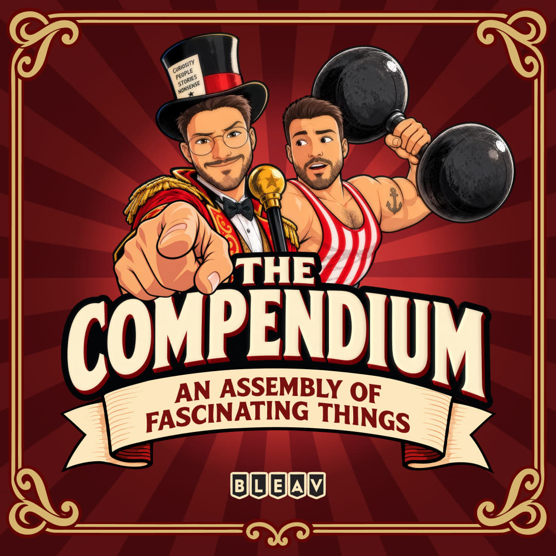 Kyle and Adam beneath The Compendium wordmark against a red circus sunburst