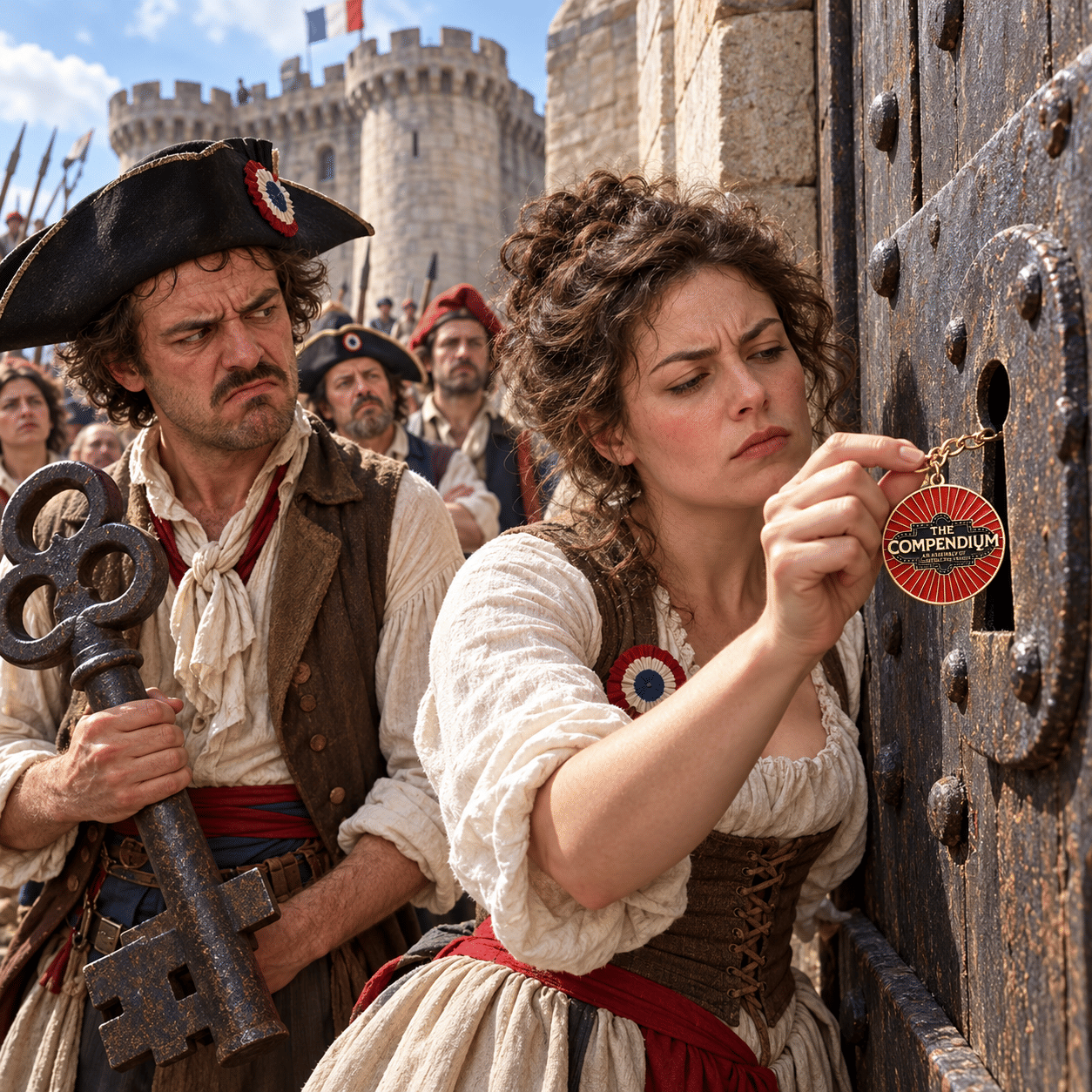 Historical figures using a Compendium Crotch Dangler keychain beside a fortress