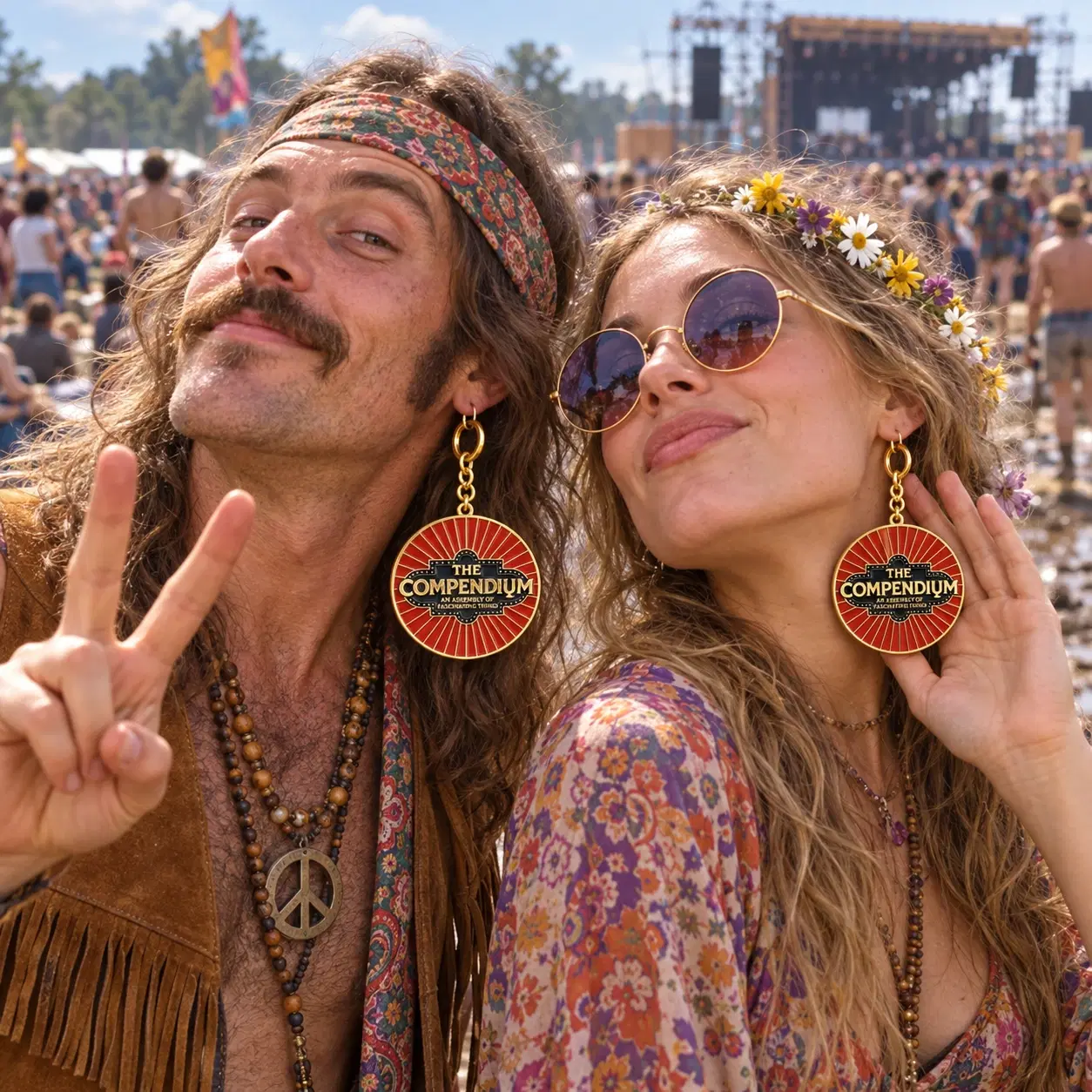 A flower-power couple at a 1970s music festival proudly wearing Compendium Dangler keychains