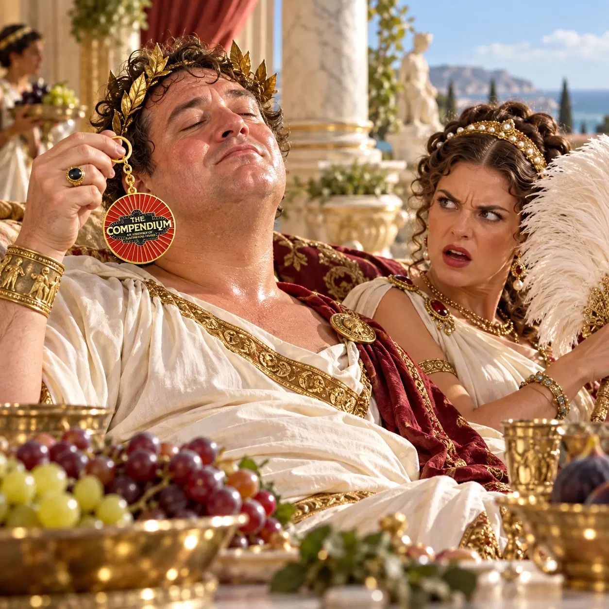A Roman emperor admiring a Compendium Crotch Dangler while his companion looks unimpressed