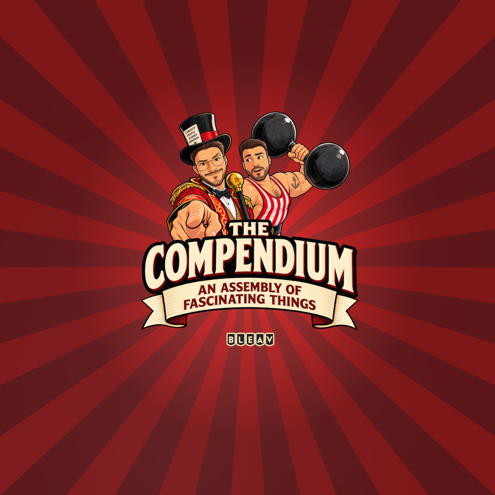 Kyle and Adam beneath The Compendium wordmark against a red circus sunburst