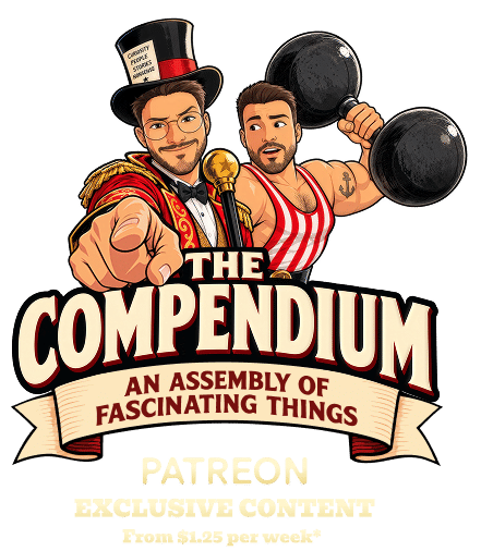 The Compendium podcast hosts in their illustrated circus motif