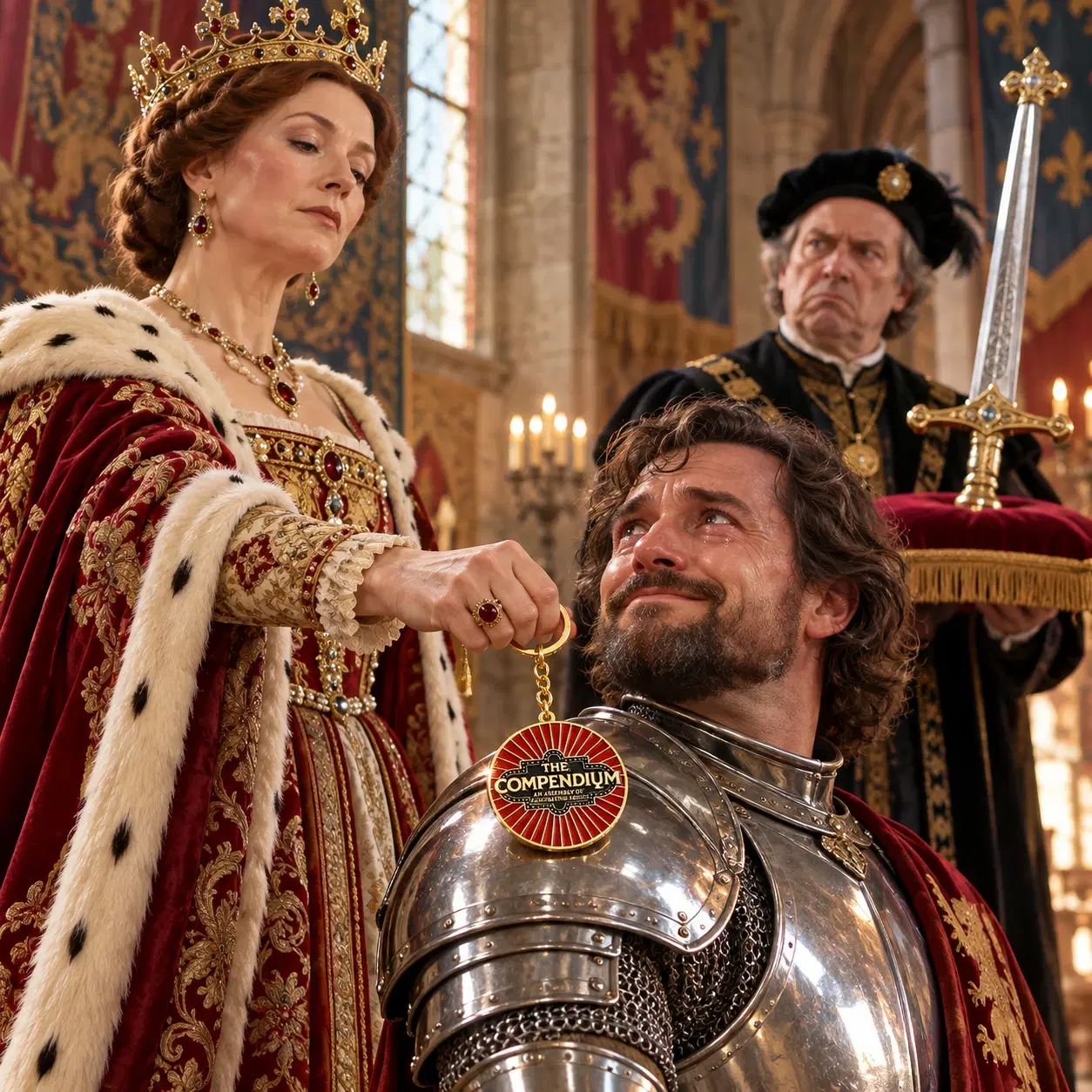 A medieval queen presenting a Compendium Crotch Dangler keychain to a kneeling knight