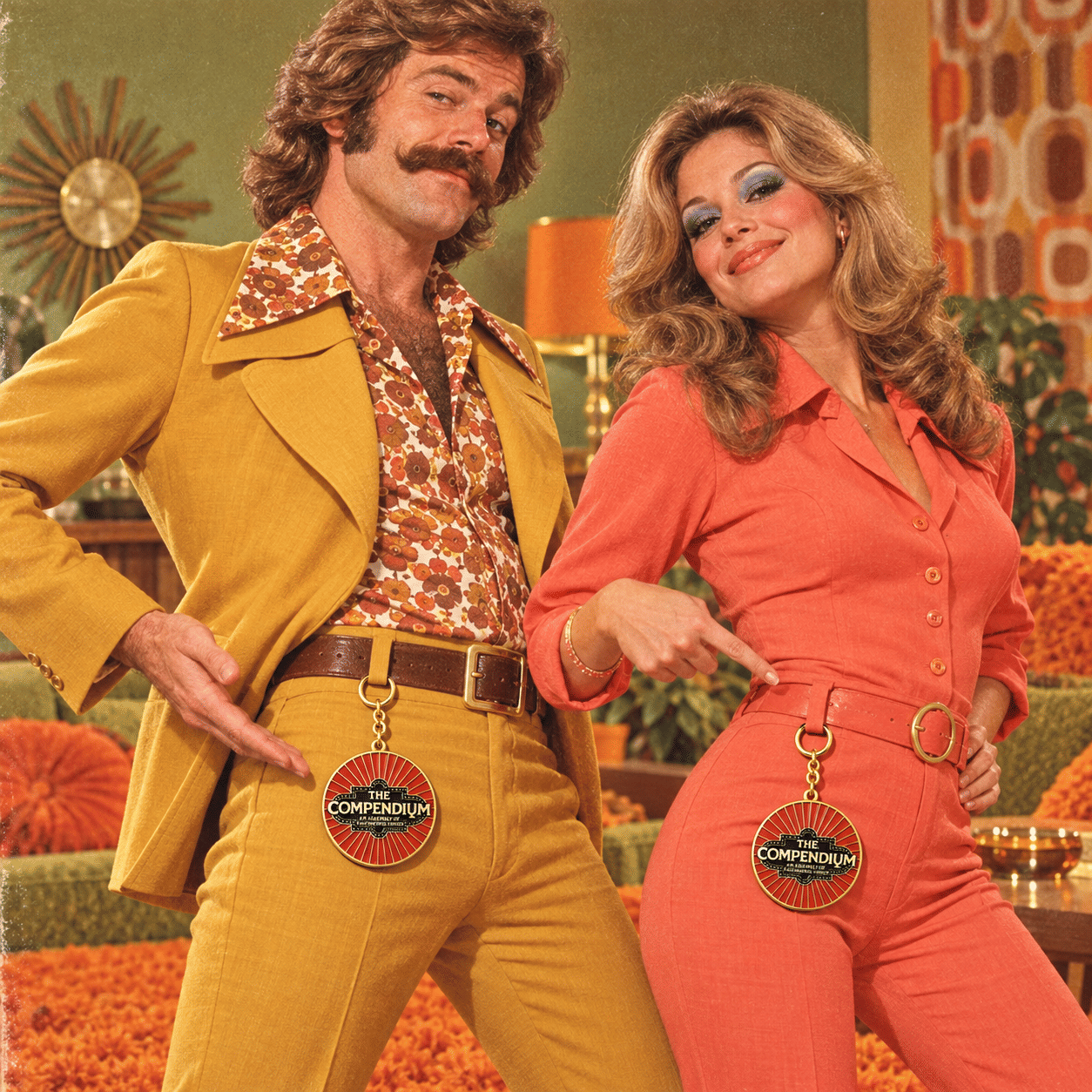 A 1970s catalogue couple wearing Compendium Crotch Dangler keychains