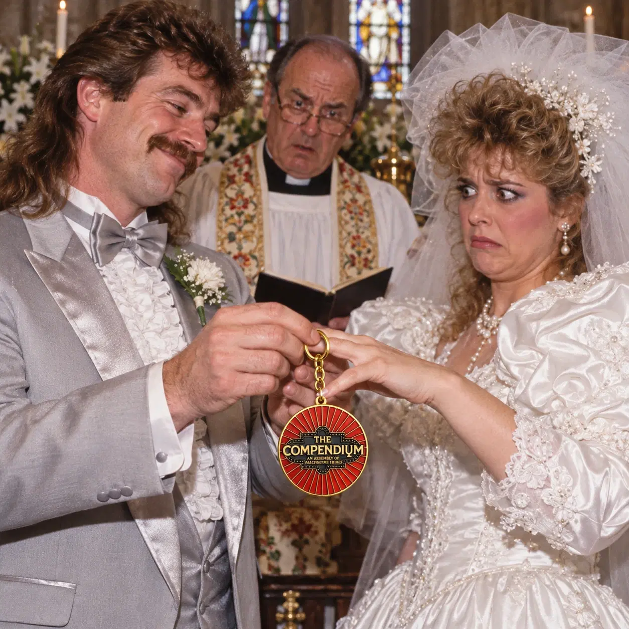 An 1980s wedding couple awkwardly exchanging a Compendium Crotch Dangler keychain