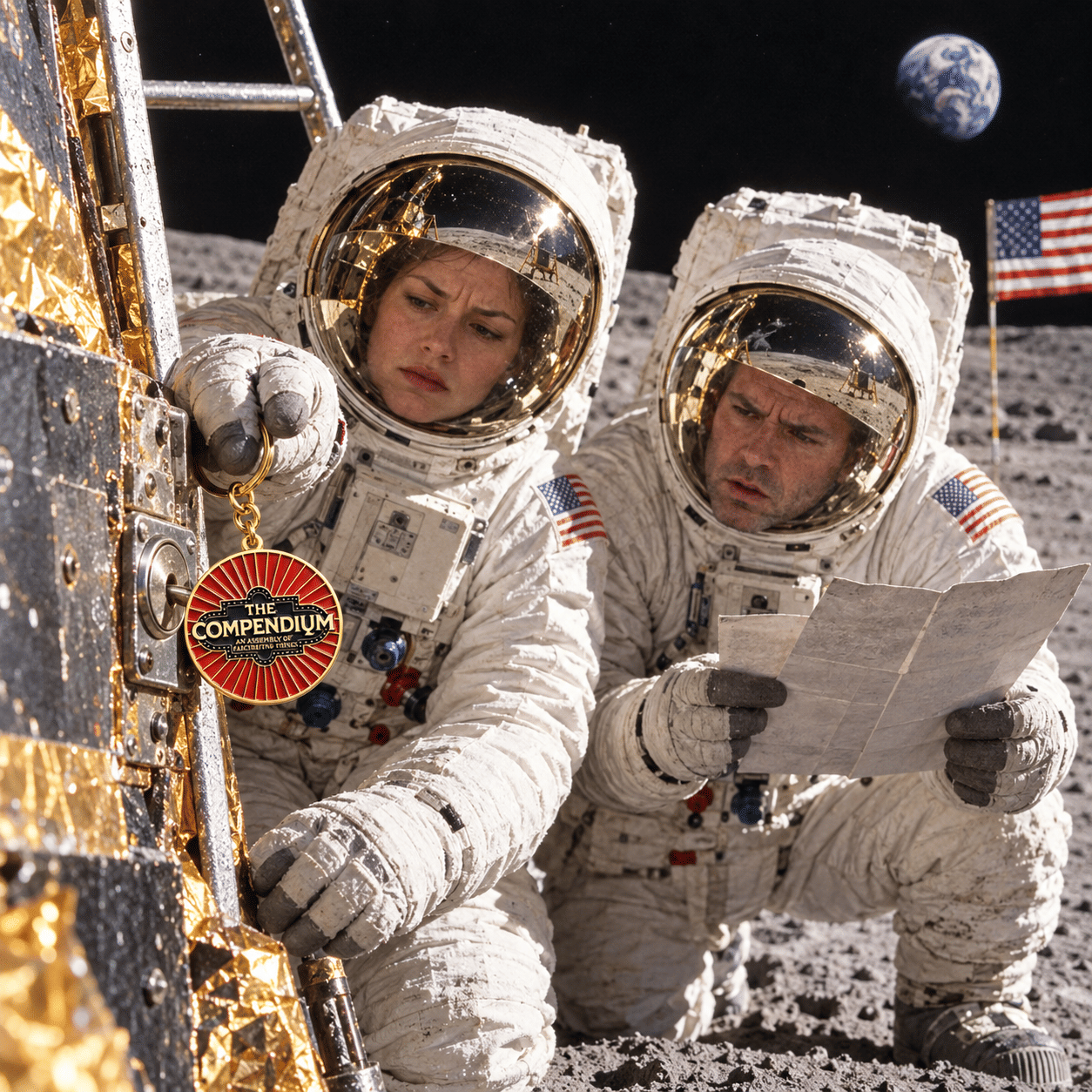 Astronauts examining a Compendium Crotch Dangler keychain on the moon