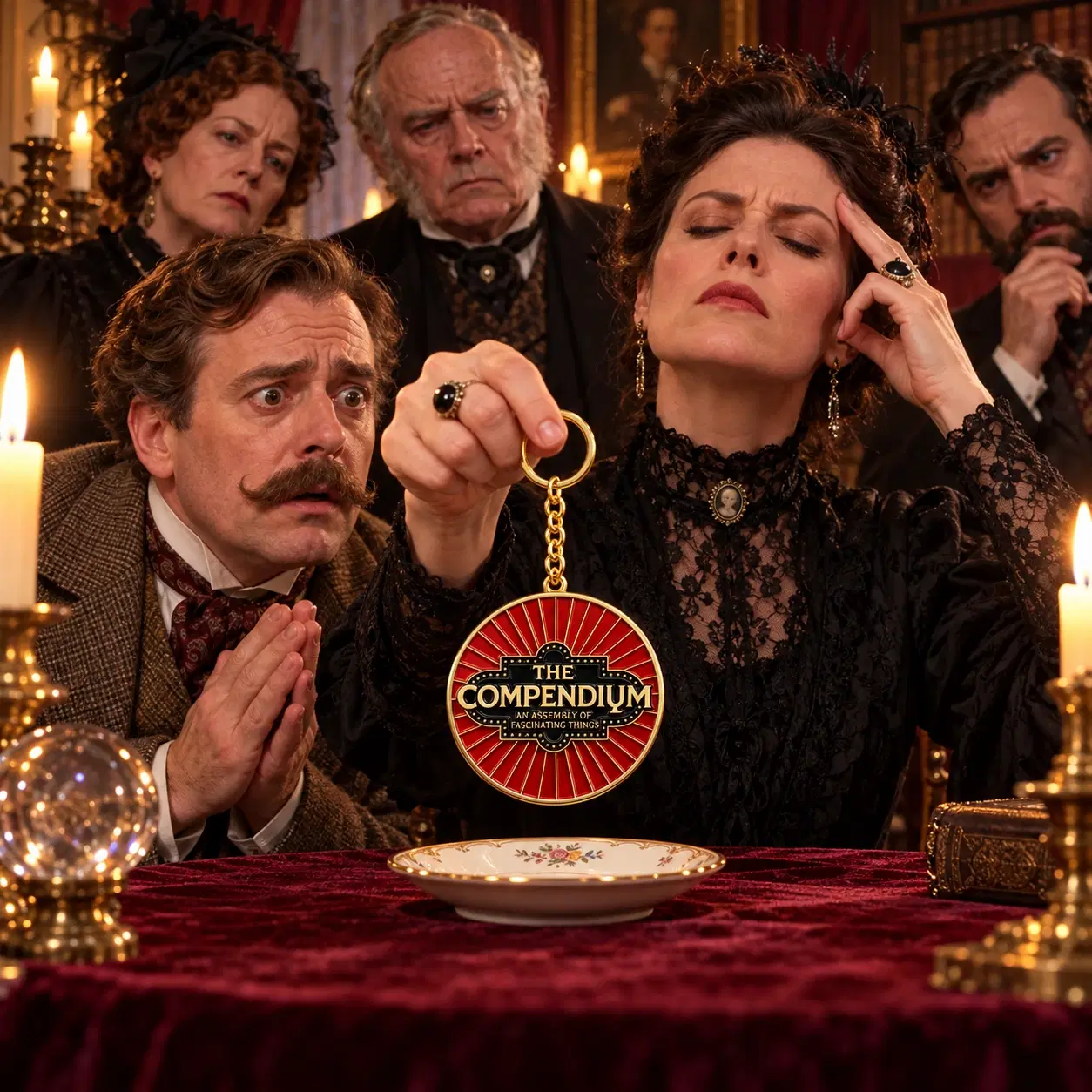 Victorian people gathered around a table at a séance featuring a Compendium Crotch Dangler keychain
