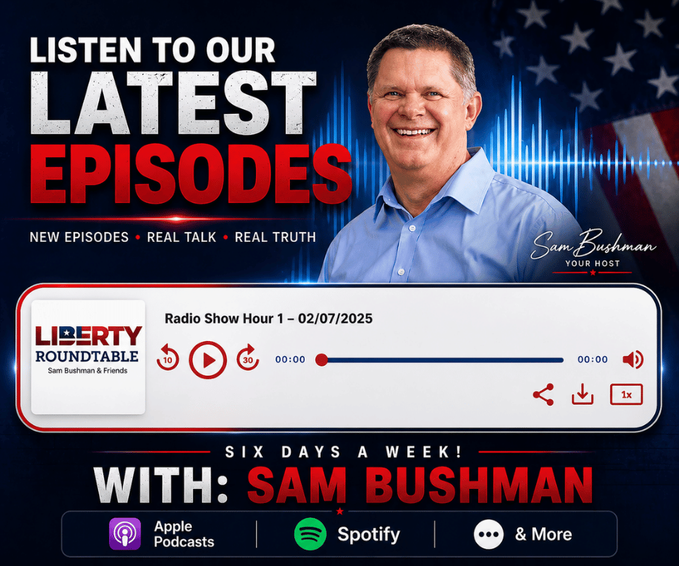 Podcast banner featuring Sam Bushman with audio player and latest episodes headline.