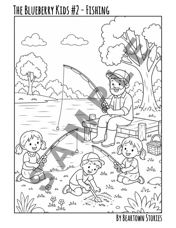 Coloring Page: The Blueberry Kids #2 - Fishing