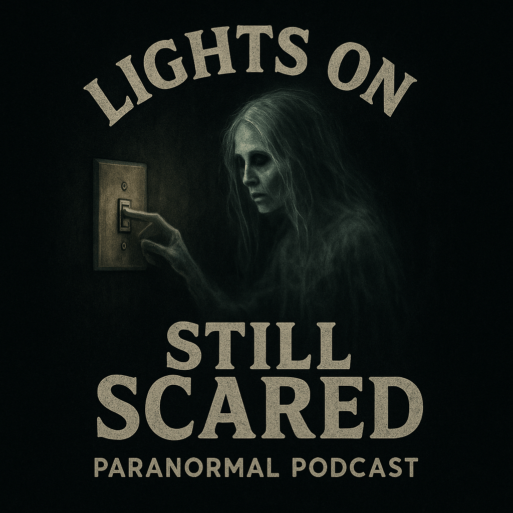 Eerie ghostly figure in dark lighting, reaching for a light switch. Text reads “Lights On, Still Scared, Paranormal Podcast.”