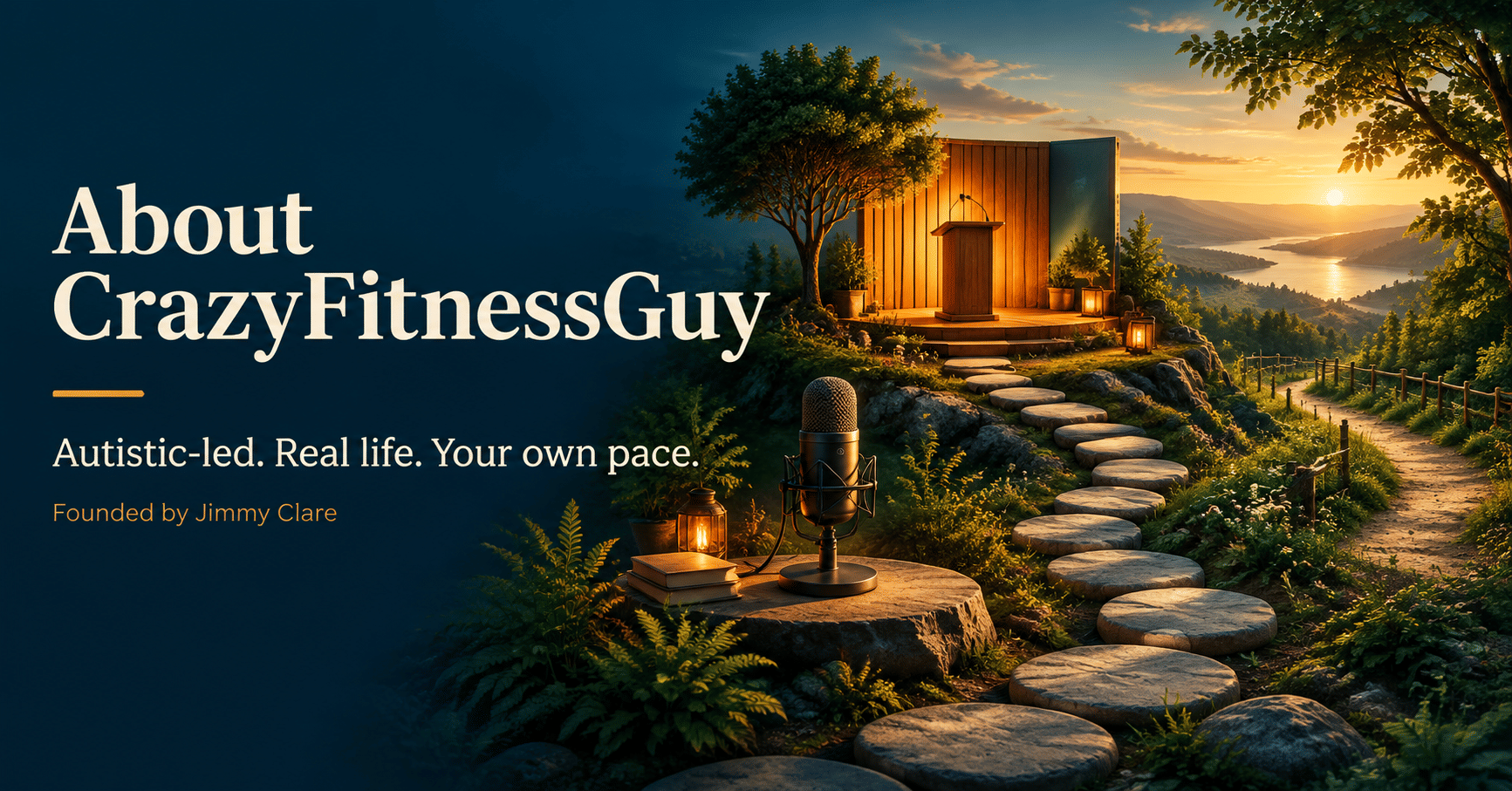 About CrazyFitnessGuy, founded by Jimmy Clare: “Autistic-led. Real life. Your own pace.” A microphone beside stepping stones leading to an outdoor podium at sunset