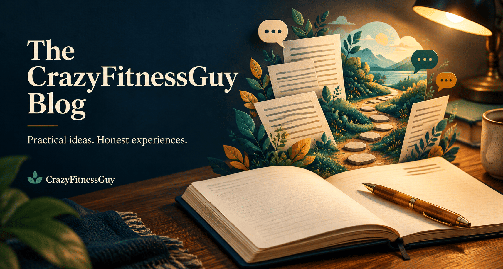 The CrazyFitnessGuy Blog: “Practical ideas. Honest experiences.” An open notebook and pen beneath illustrated articles, speech bubbles, and a stepping-stone path through greenery.