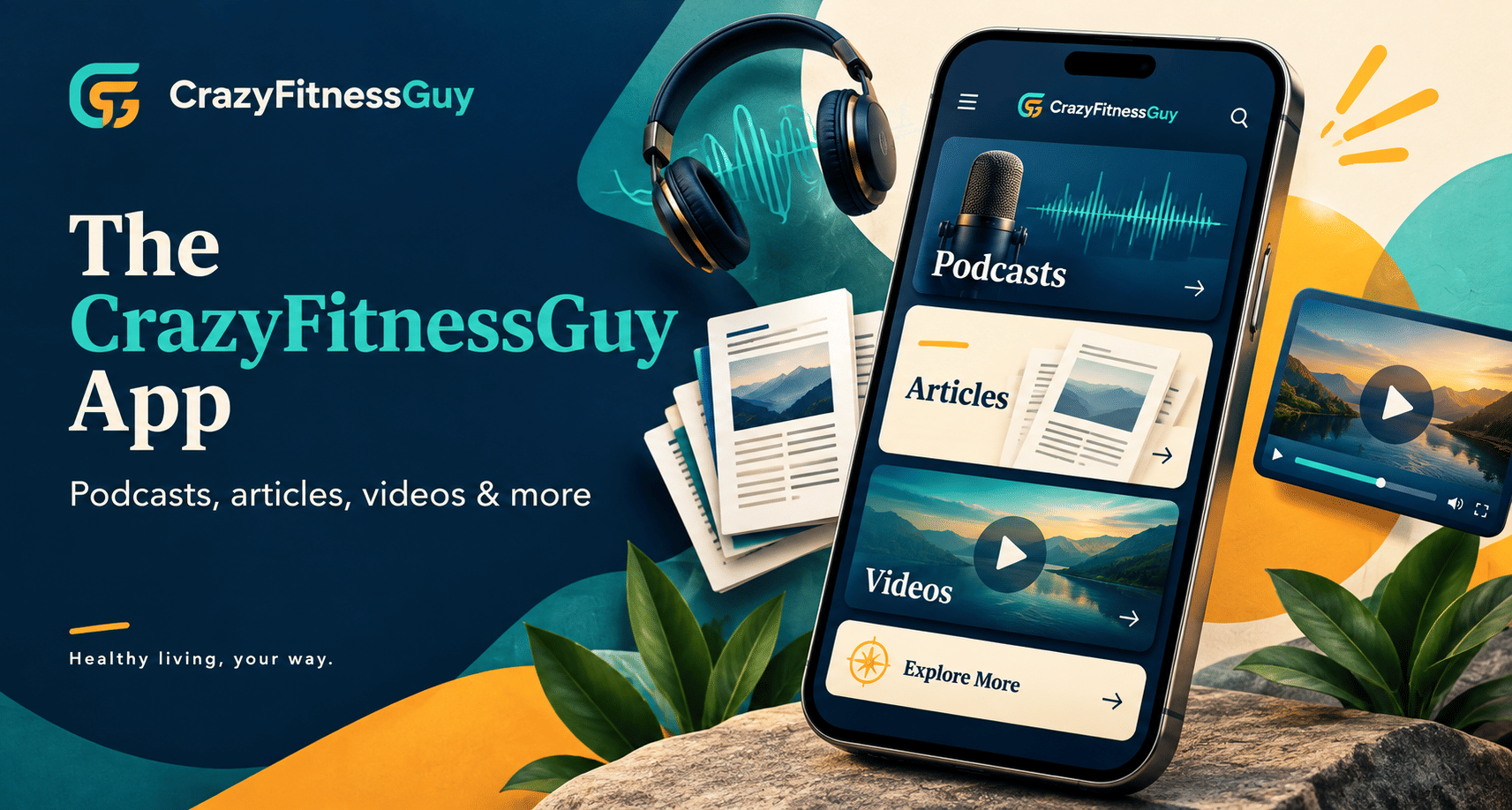 The CrazyFitnessGuy App: “Podcasts, articles, videos & more. Healthy living, your way.” A smartphone displays content categories beside headphones, articles, and a video player.