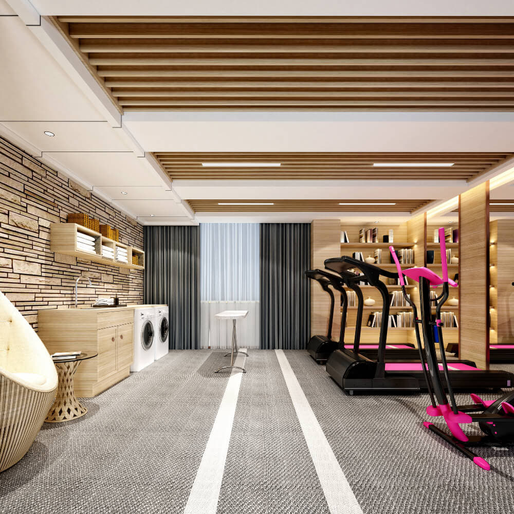 Modern home gym with treadmill, weights, and exercise bench.  Equip Dad's home gym for a health lifestyle.  Best Meaningful Father's Day gift.