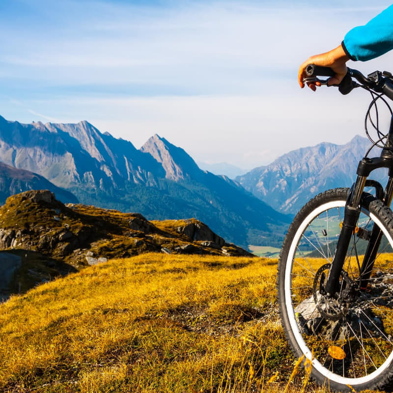 Mountain biker riding a scenic trail, a fun outdoor workout for beginners.