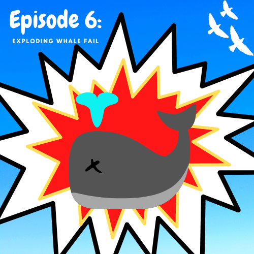 A dead cartoon whale on a background of a comic book style "POW" explosion. In the distance are the sea birds  flying away - who famously did not clean up the chunks after the whale went boom