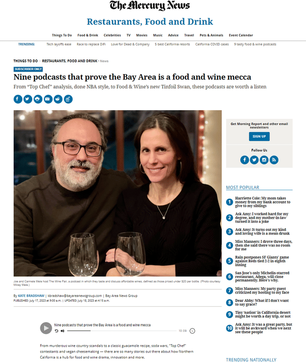 The Wine Pair Podcast Featured in Mercury News Article