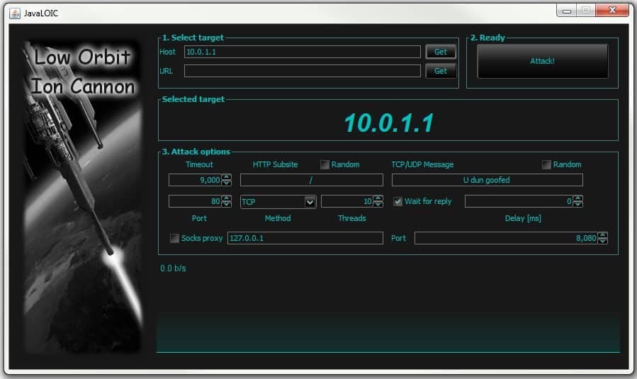 JavaLOlC 
Ion Cannon 
Low Orbit 
0.0 b!s 
I-Selecttarget 
HTTP 5 e Random 
u dun q00 d 
2.Readv 
Delay 【 n 