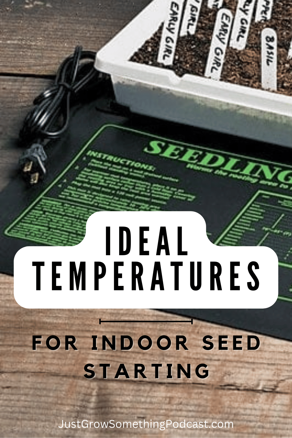 Image of seedling heat mat and seedling tray with the words Ideal Temperatures for Indoor Seed Starting