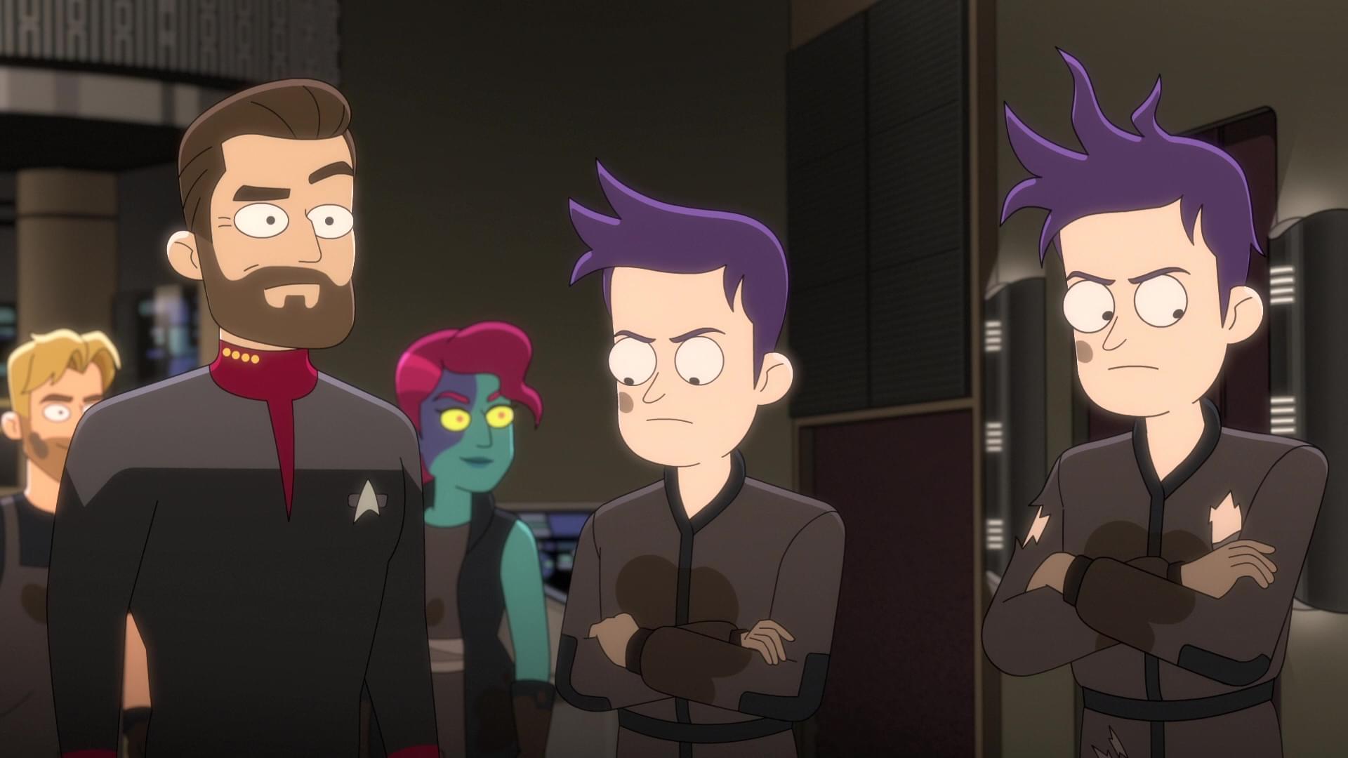Captain Riker and the two Boimlers in Lower Decks' "Kayshon, His Eyes Open"
