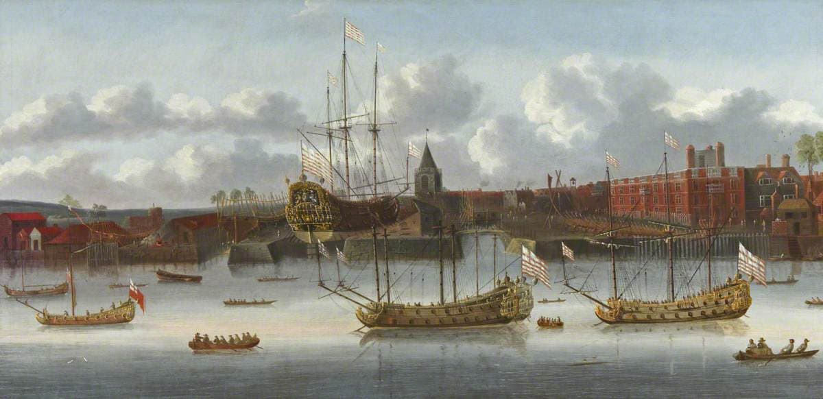 Painting: East India Company Ships at Deptford, circa 1683