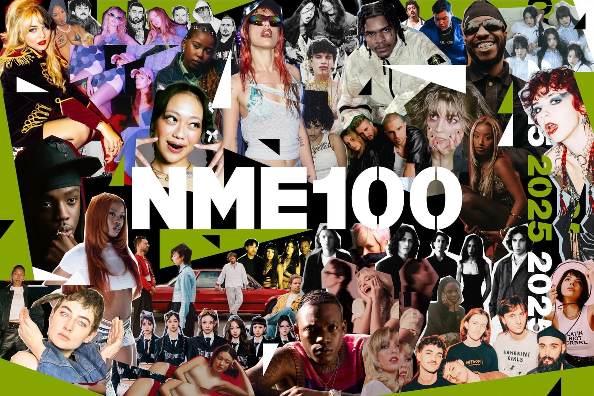 Collage of 100 emerging musical artists featured in NME's 2025 essential artists list