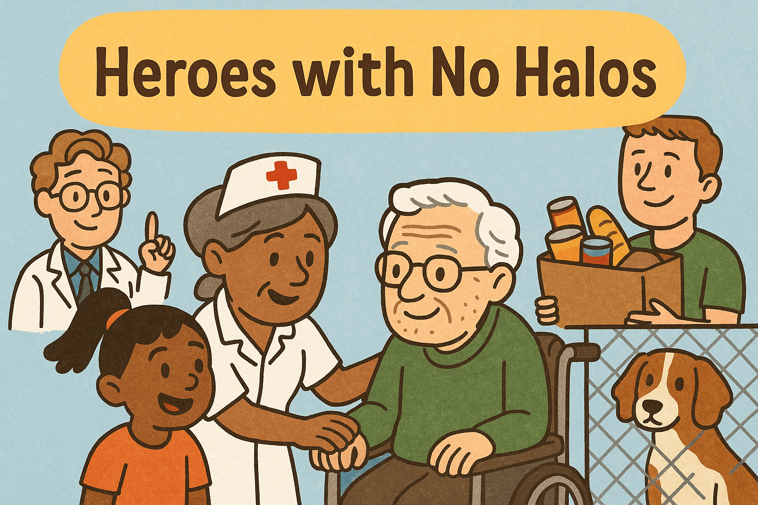 illustration of a scientist, nurse, volunteer, child, elderly person in a wheelchair, and shelter dog, all engaging in kind, compassionate actions under the title “Heroes with No Halos.”