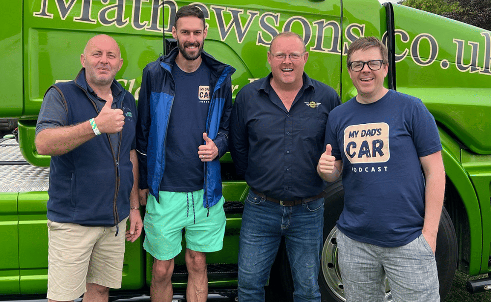 Jon and Andy from My Dad's Car podcast pose with the Mathewson brothers from Bangers and Cash