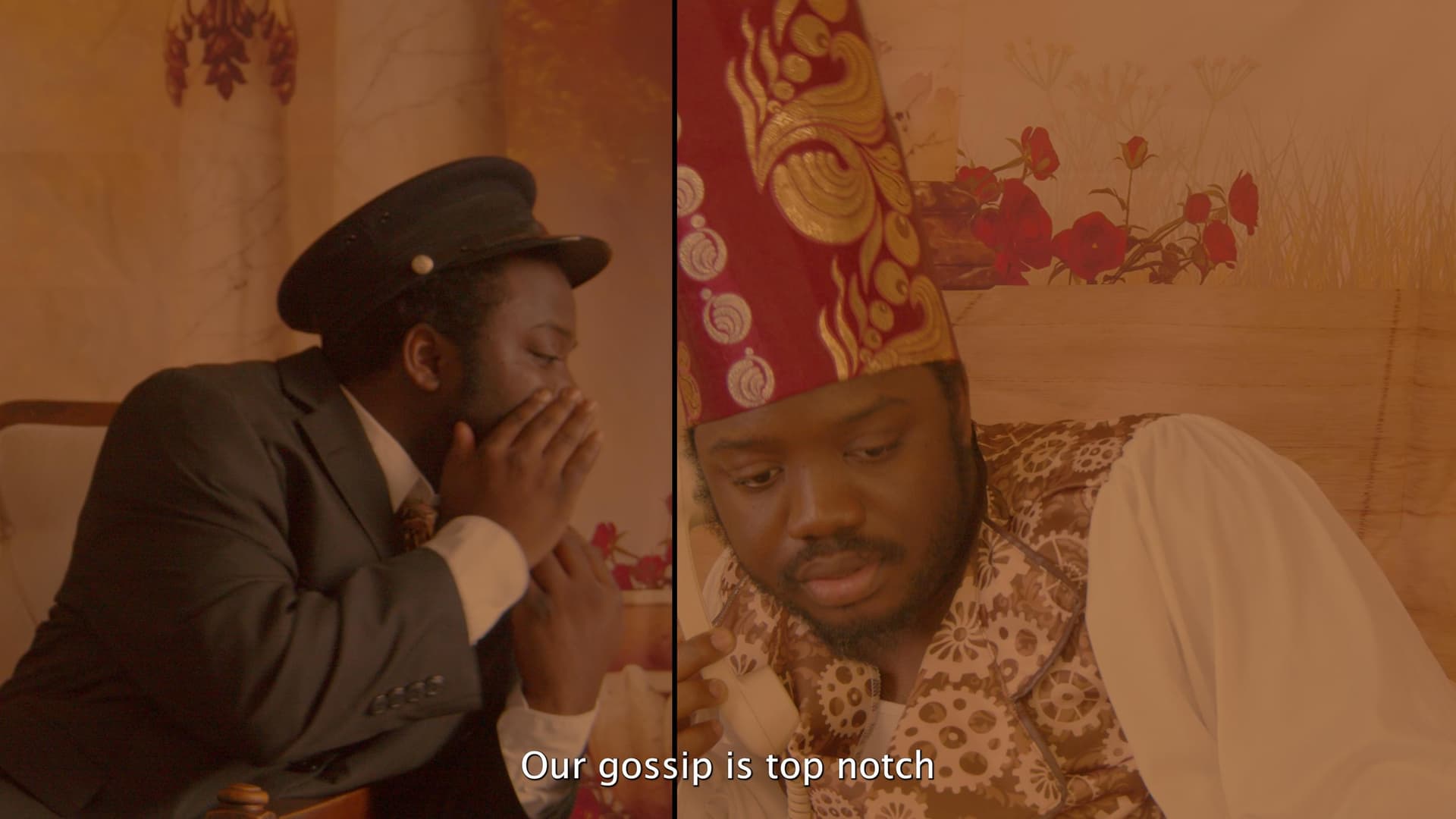 Still from How to Interpret the Masquerade by Iyunade. Split screen with a man in a military outfit whispering to another man in traditional clothing. Caption reads "our gossip is top notch"
