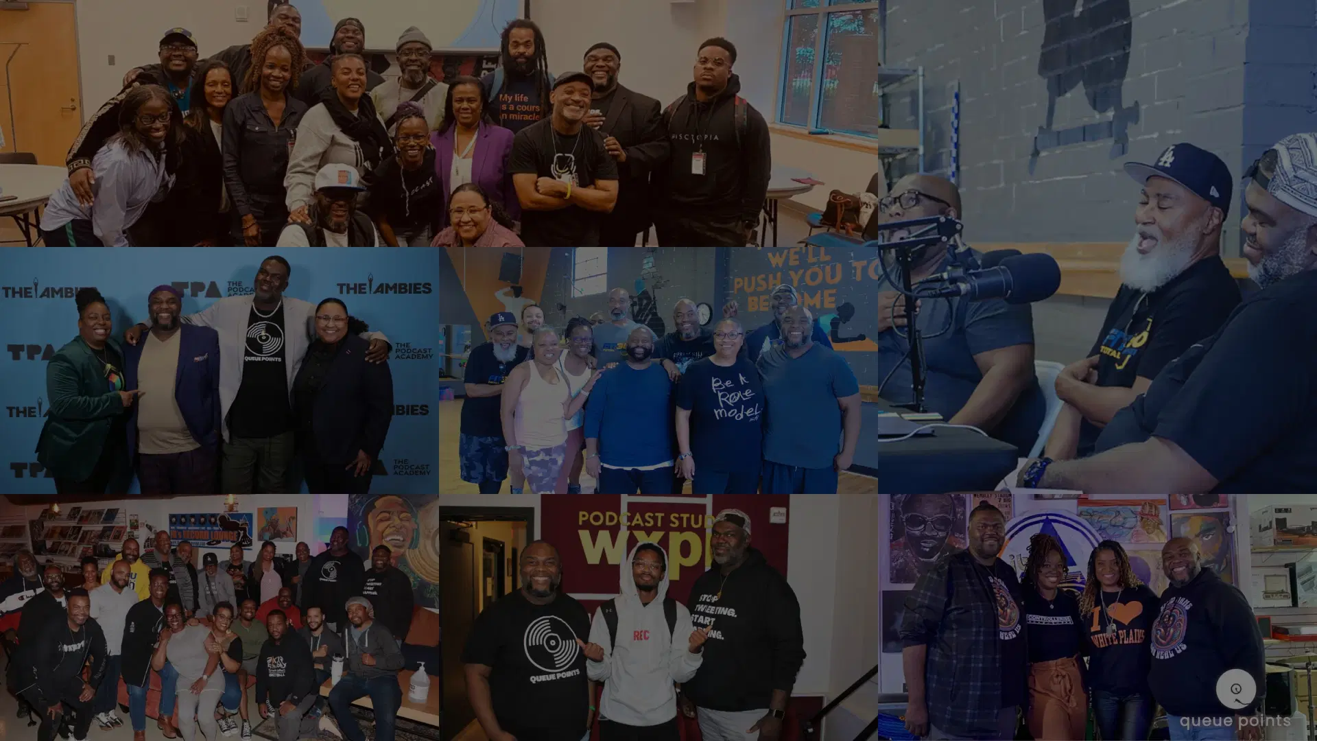 Collage of diverse groups of people posing together at various events and recording sessions, some wearing branded shirts and standing in front of podcast logos and microphones.