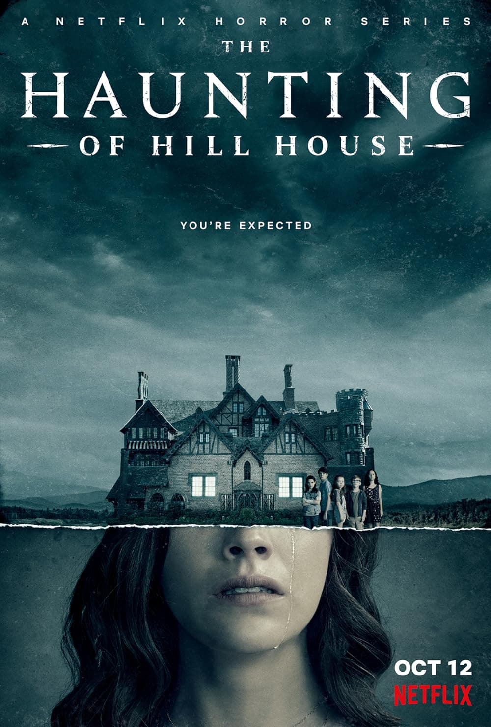 Poster of Haunting of Hill House with a ghost like figure under a ornate and old house