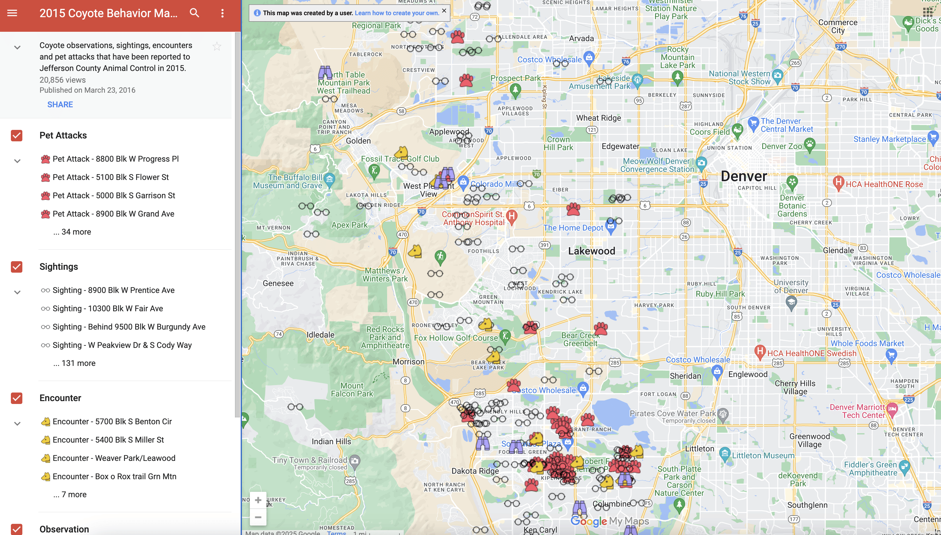 screenshot of map of coyote sitings Jefferson County Colorado
