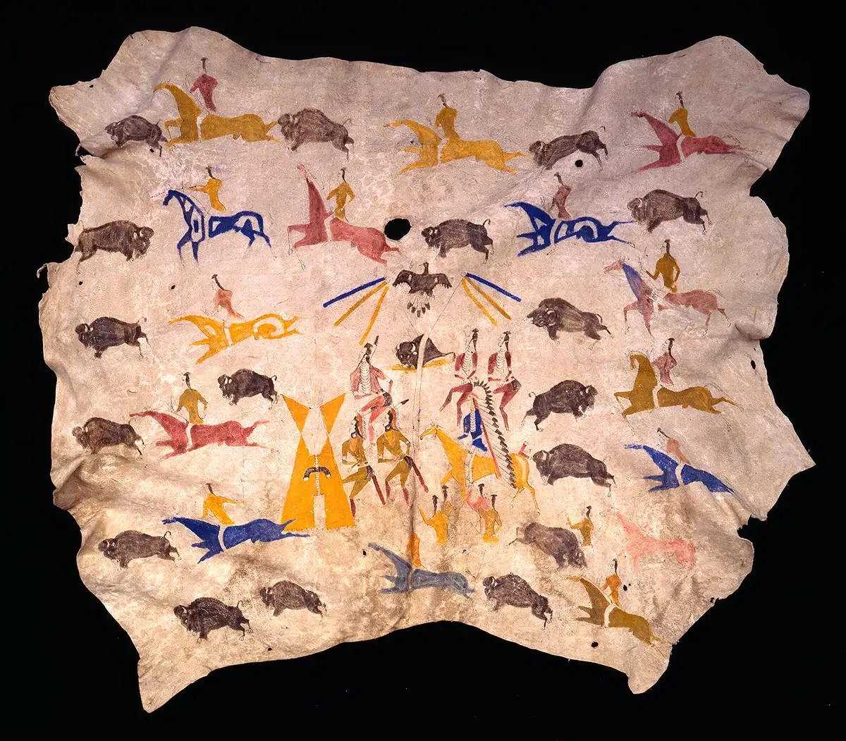 Buffalo hide with Native painting of buffalo