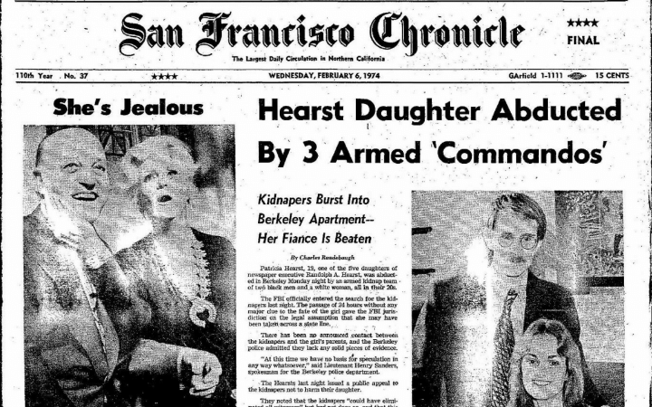 News coverage of Patty Hearst's kidnapping, capturing the nation’s attention.