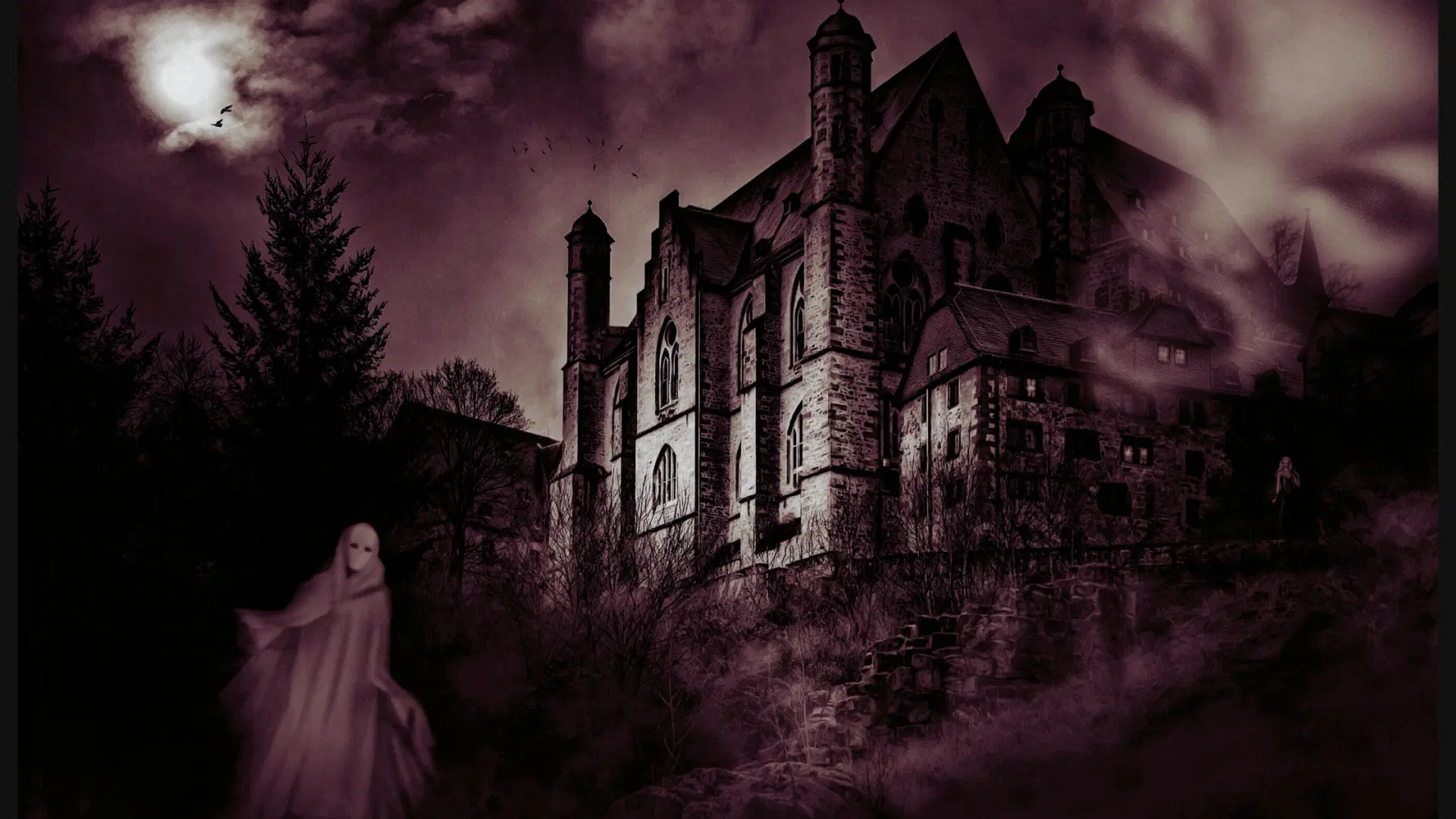 classic haunted house with ghosts flying around it